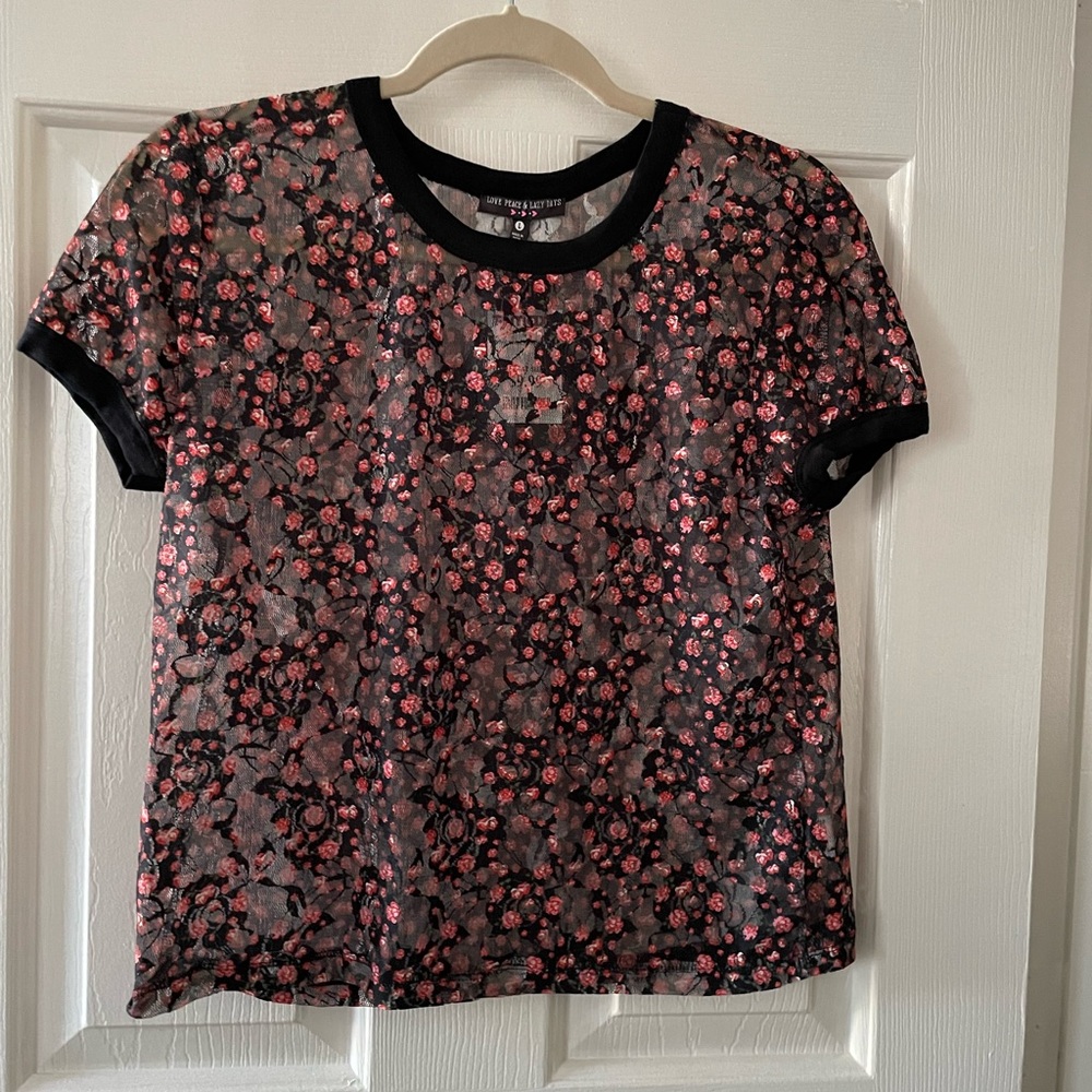 Cute see thru crop top black with red flowers